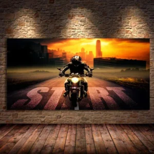 Plakat motocykl we mgle czarno-biały Fioletowy
