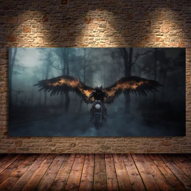Plakat motocykl we mgle czarno-biały żółty