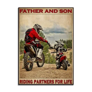 Plakat motocyklista ojciec i syn Biały