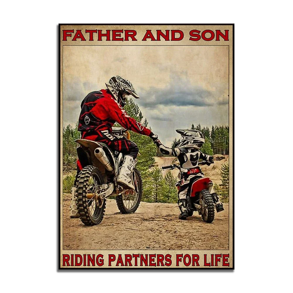 Plakat motocyklista ojciec i syn Biały