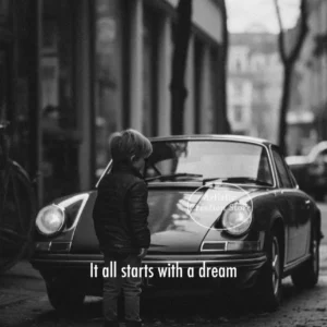 Plakat motywacyjny wyścigowy It All Starts with A Dream Granatowy