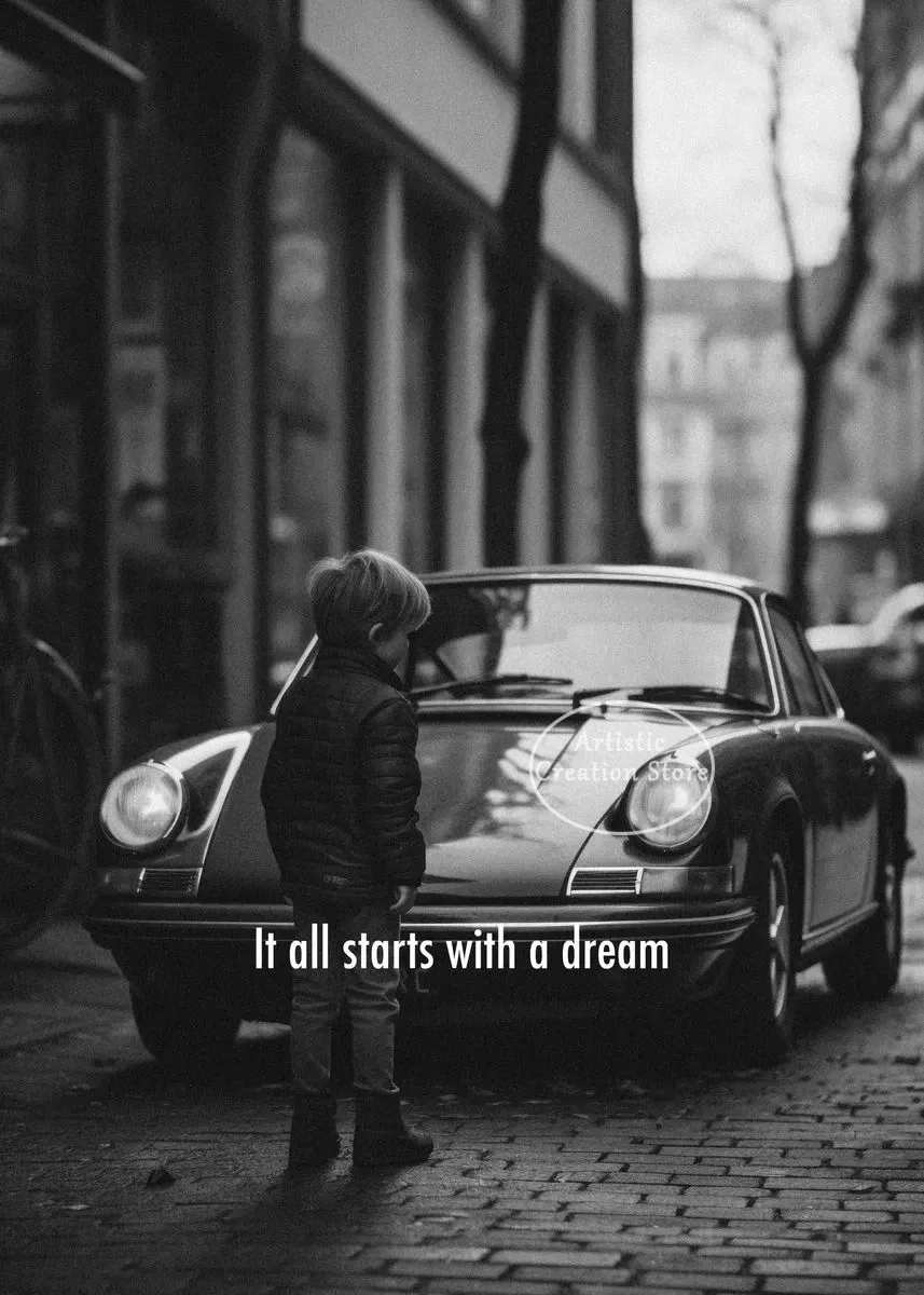 Plakat motywacyjny wyścigowy It All Starts with A Dream Granatowy