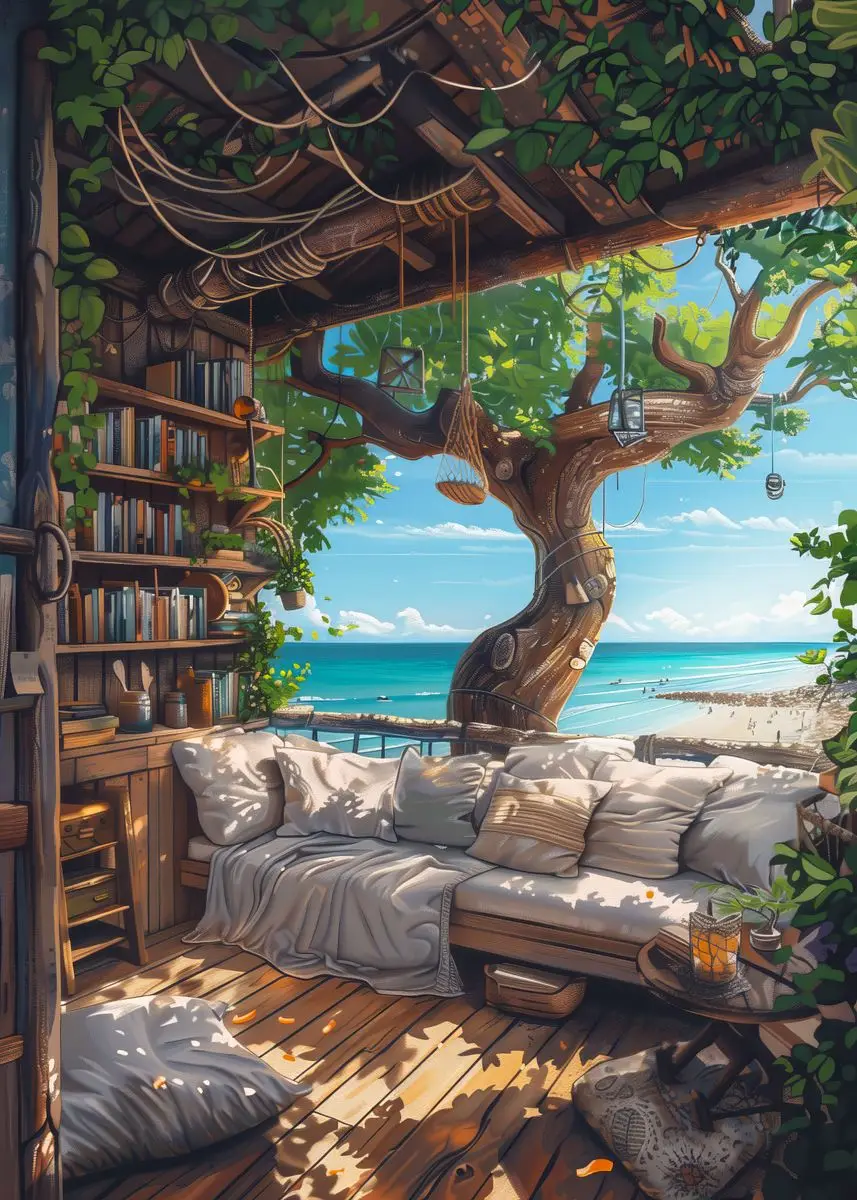 Plakat z nadmorskim domkiem letnią porą Zielony
