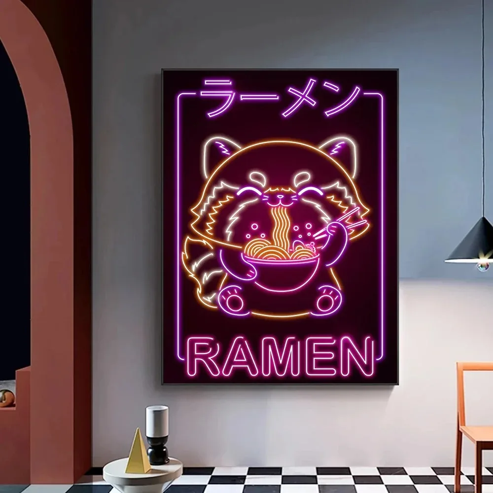 Plakat neon ramen i kot - japońska kuchnia kawaii Biały