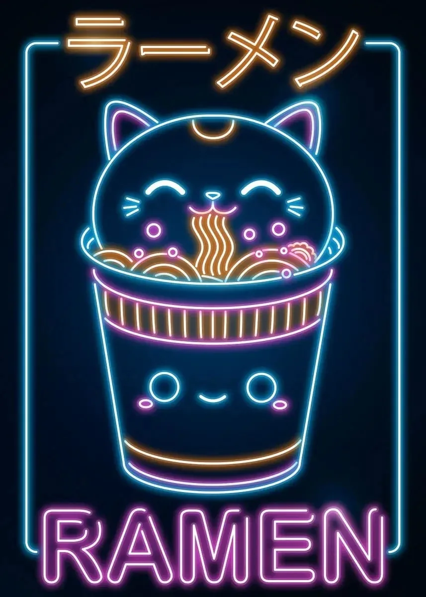 Plakat neon ramen i kot - japońska kuchnia kawaii Burgundia