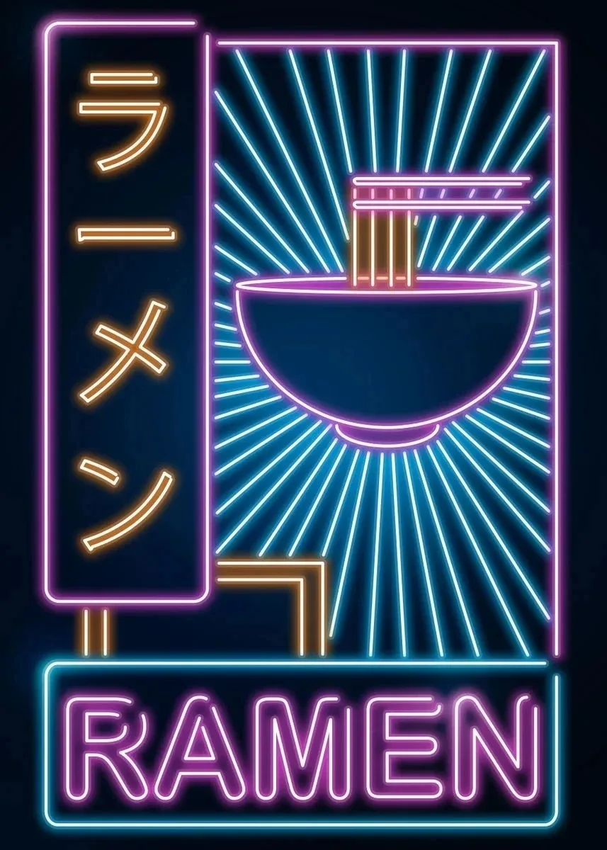 Plakat neon ramen i kot - japońska kuchnia kawaii Czekolada