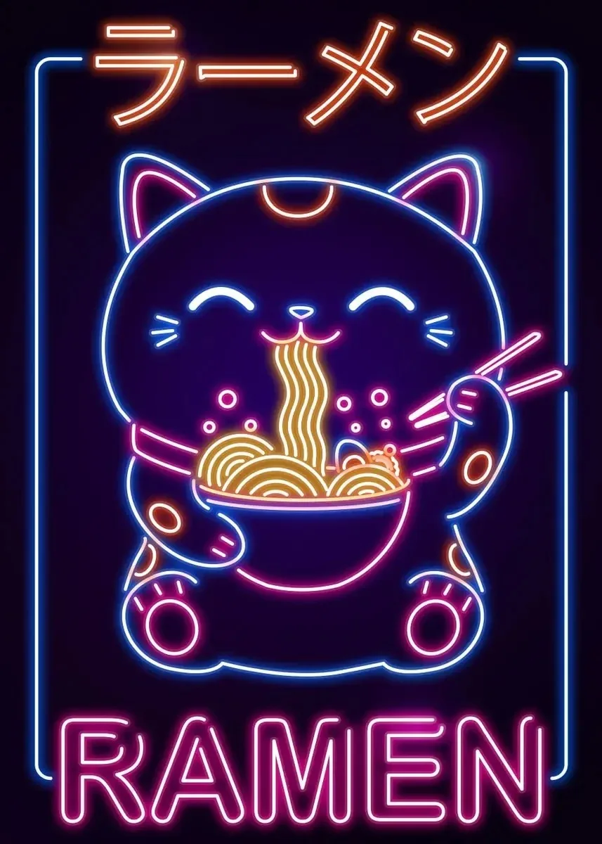 Plakat neon ramen i kot - japońska kuchnia kawaii Czerwony
