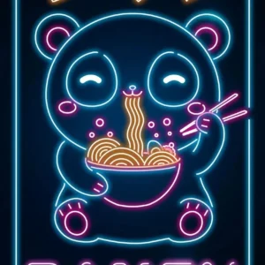Plakat neon ramen i kot - japońska kuchnia kawaii Niebieski