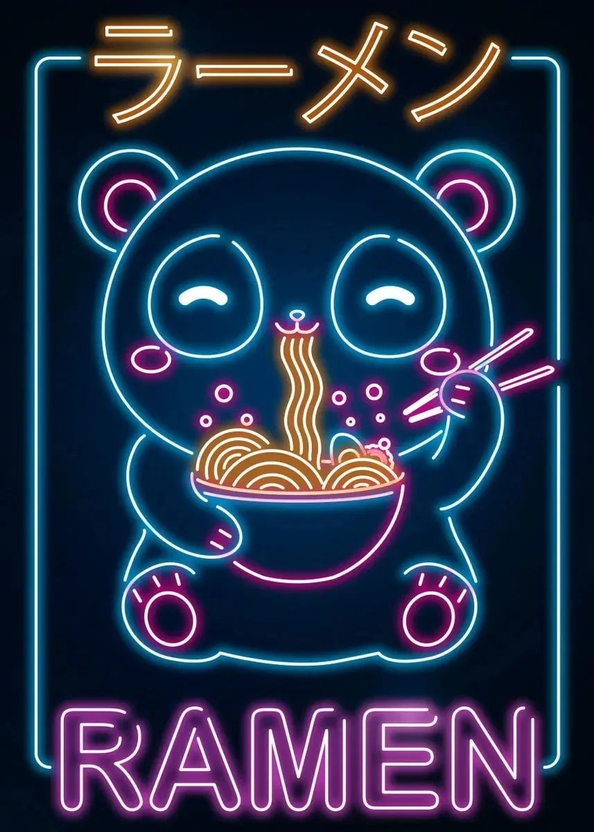 Plakat neon ramen i kot - japońska kuchnia kawaii Niebieski
