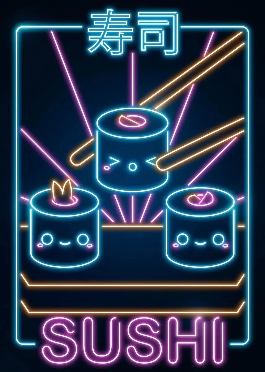 Plakat neon ramen i kot - japońska kuchnia kawaii Różowy