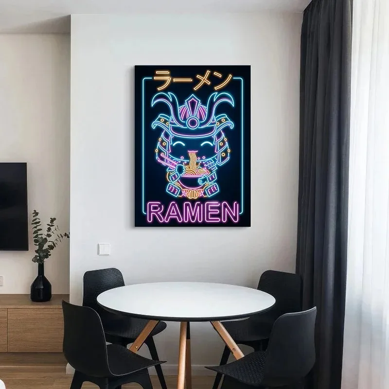 Plakat neon ramen i kot - japońska kuchnia kawaii żółty