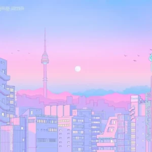 Plakat neonowe miasto vaporwave lata 80. Armijna zieleń