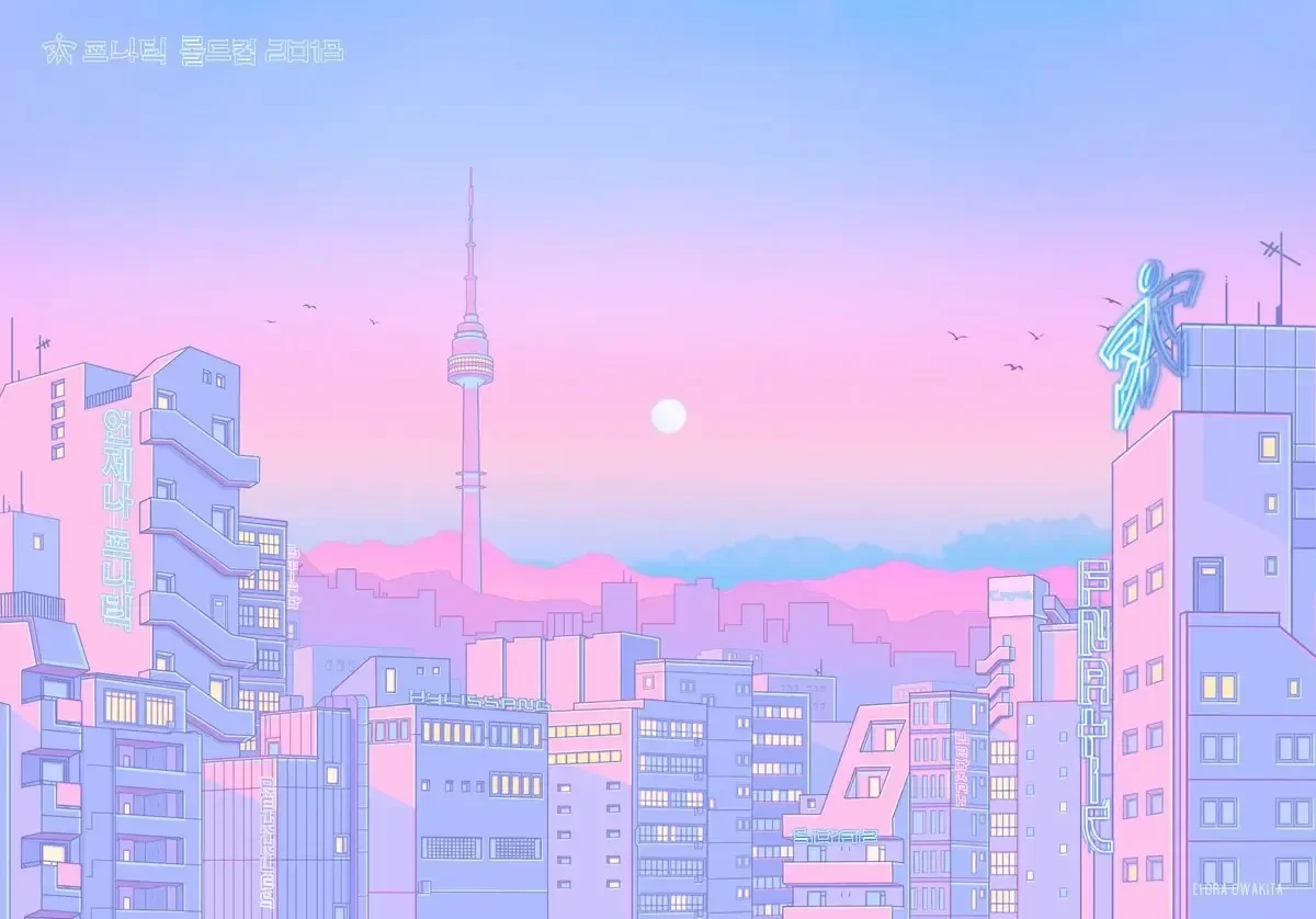 Plakat neonowe miasto vaporwave lata 80. Armijna zieleń