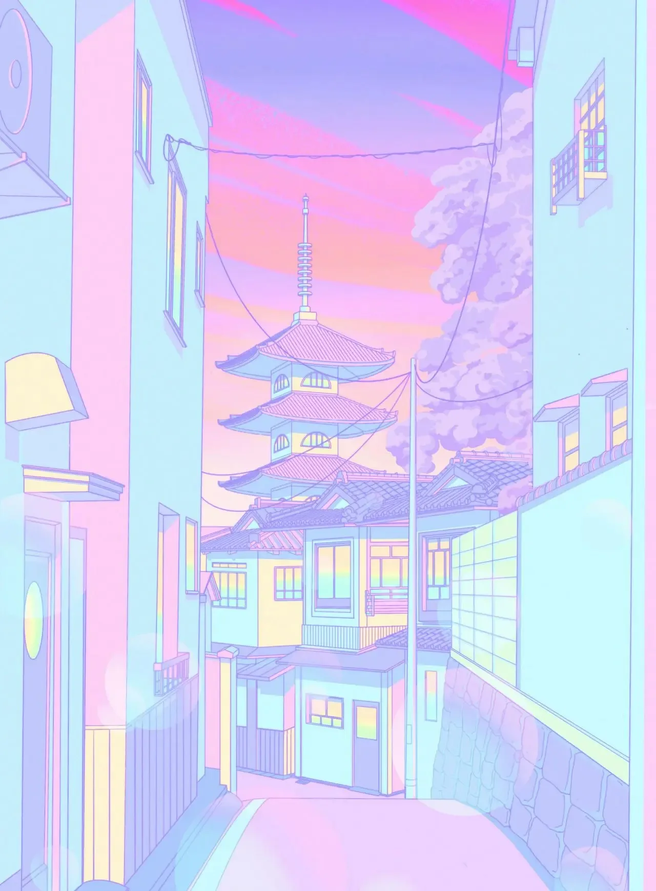 Plakat neonowe miasto vaporwave lata 80. Fioletowy/фиолетовый