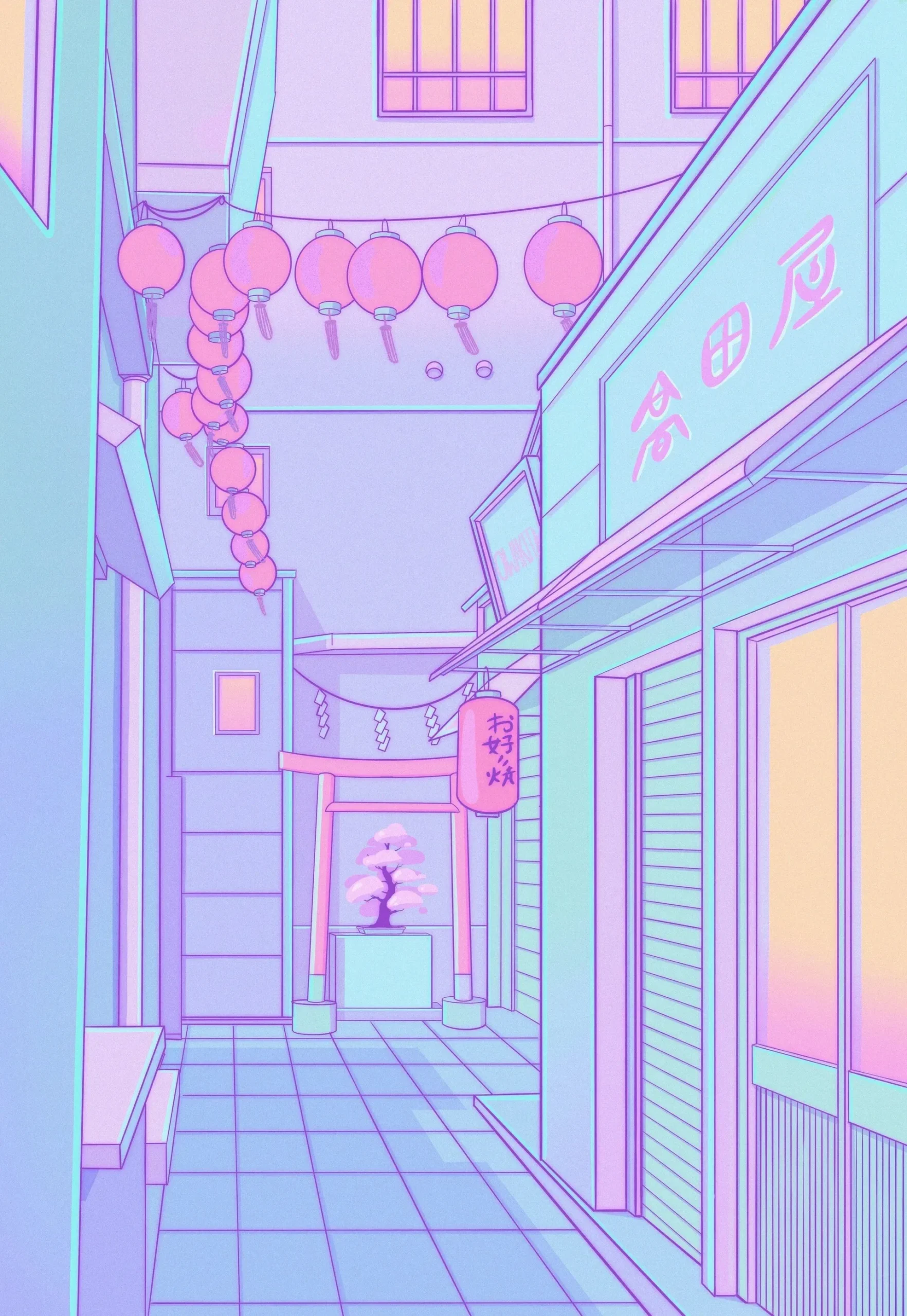 Plakat neonowe miasto vaporwave lata 80. Jasny