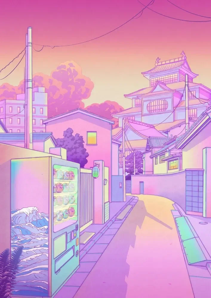 Plakat neonowe miasto vaporwave lata 80. Wielo