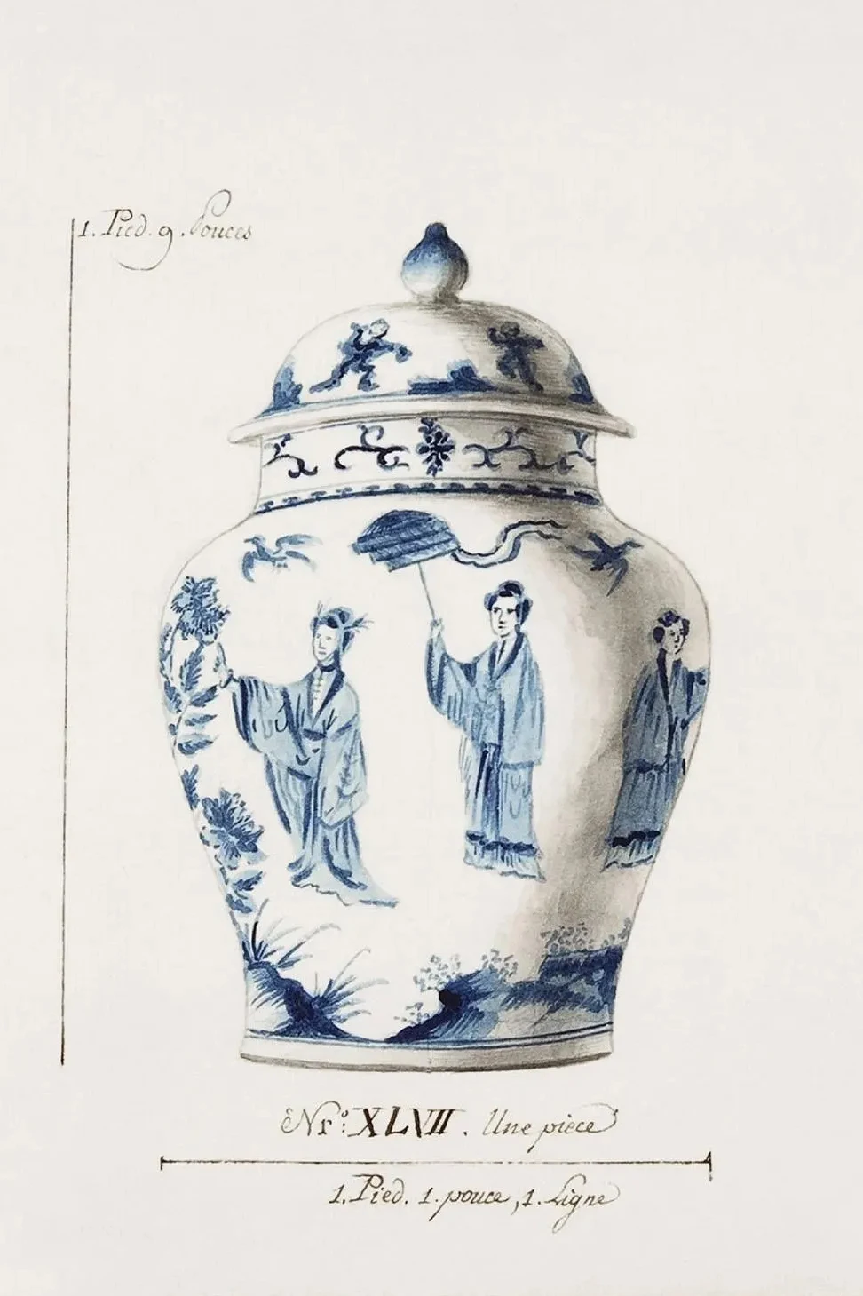 Niebieska waza chińska - plakat w stylu toile de jouy Burgundia