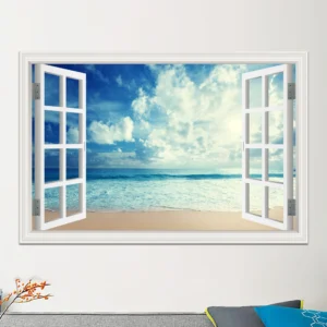 Plaża i palmy za oknem - plakat 3D Czarny