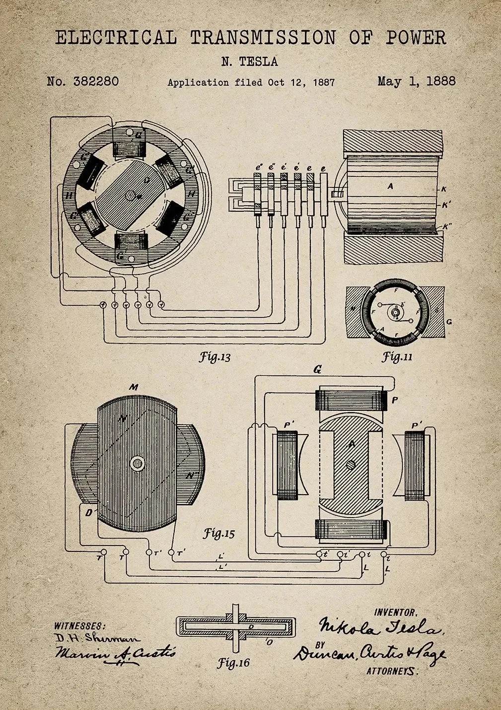 Patent Tesli - plakat vintage dla inżyniera Biały