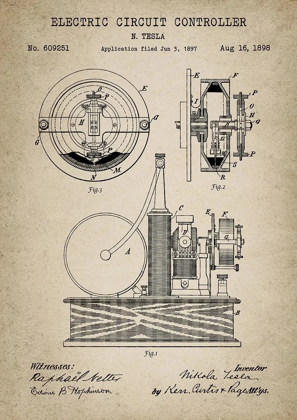 Patent Tesli - plakat vintage dla inżyniera Burgundia