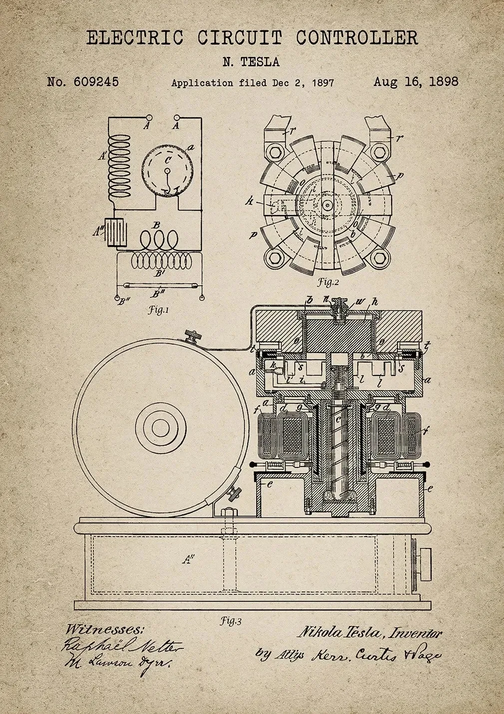 Patent Tesli - plakat vintage dla inżyniera Czerwony