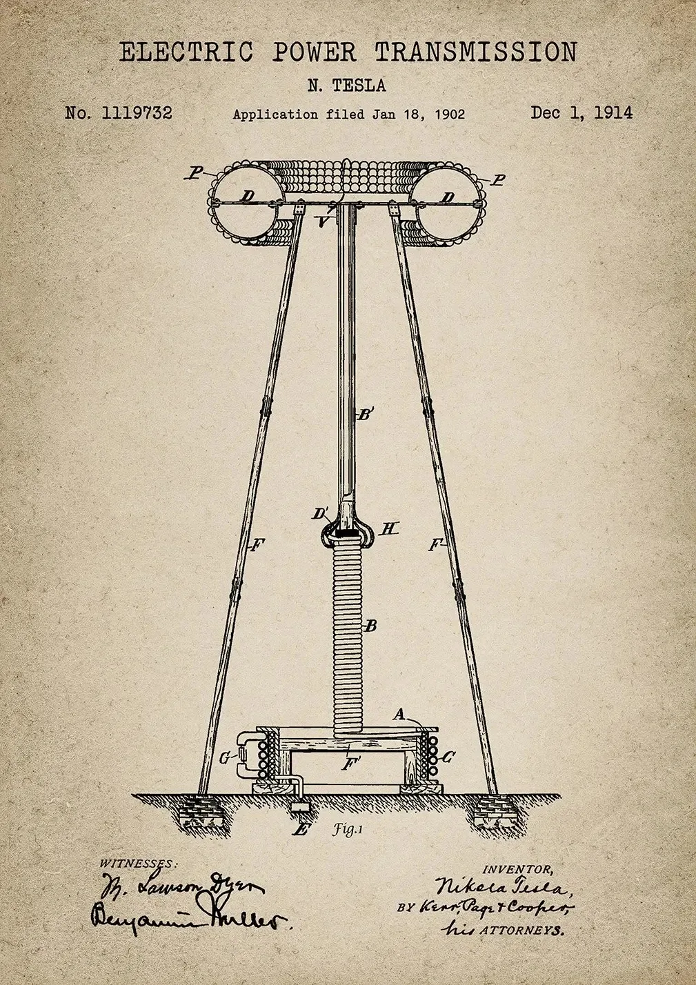 Patent Tesli - plakat vintage dla inżyniera Jasnoszary
