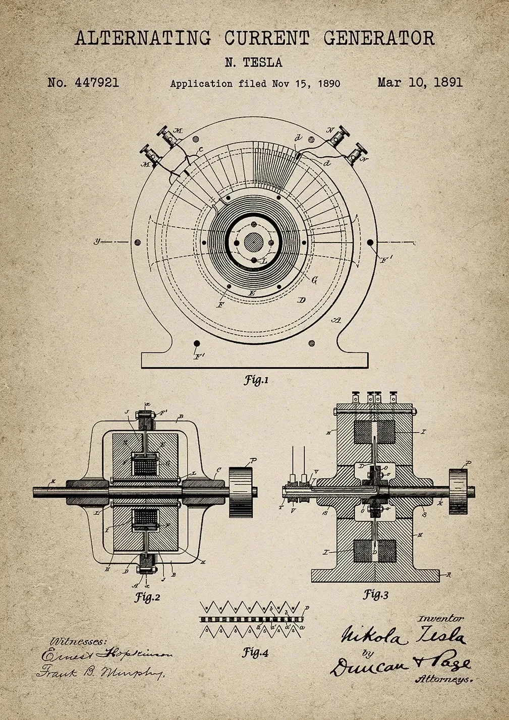 Patent Tesli - plakat vintage dla inżyniera żółty
