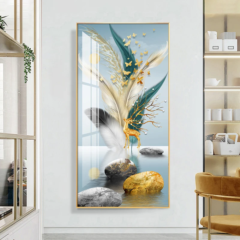 Plakat pióra w stylu nordyckim - luksusowa grafika żółty