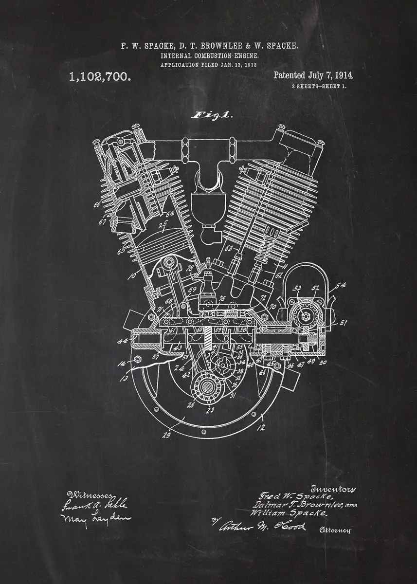 Plakat plany silnika - grafika dla mechanika vintage żółty