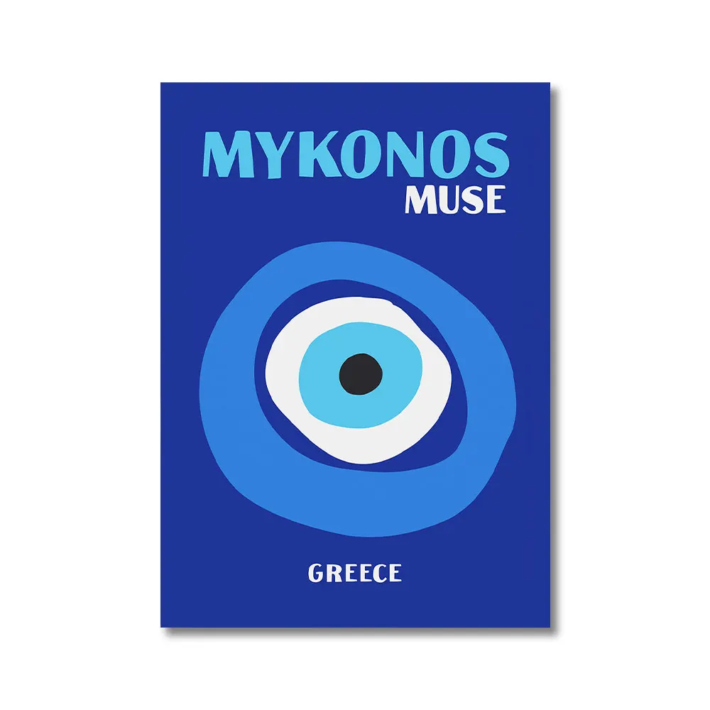 Plakat podróżniczy Mykonos i palmy Niebieski