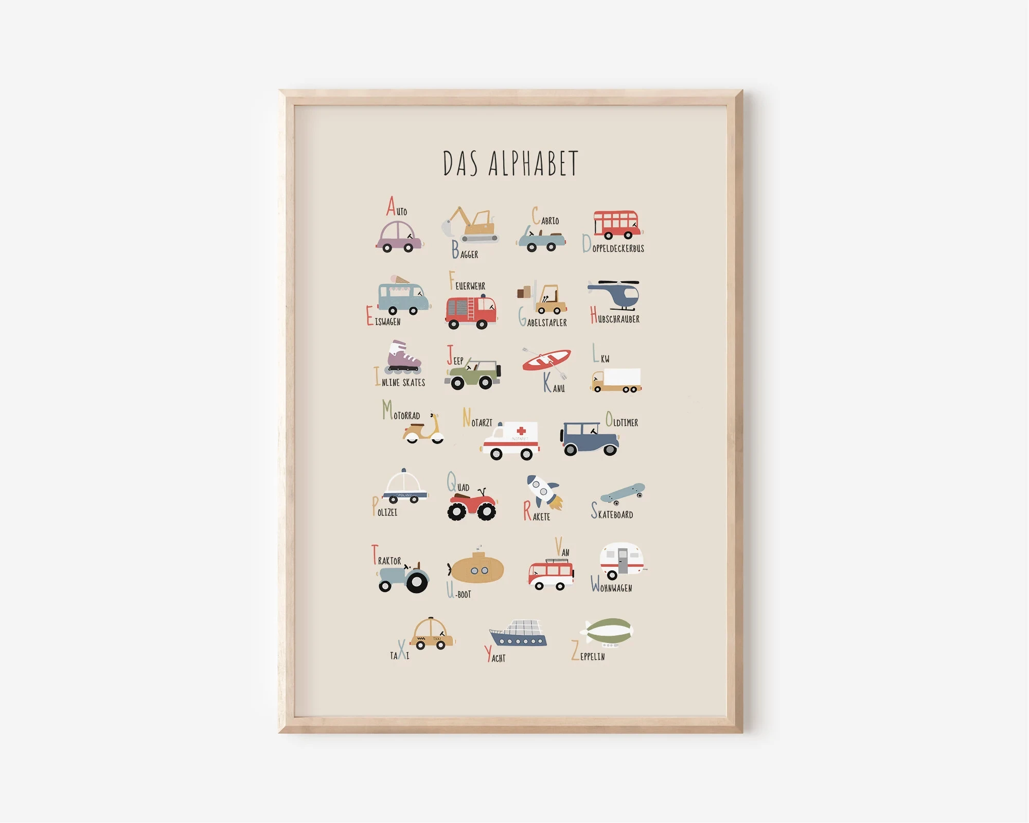 Plakat z pojazdami i alfabetem dla dzieci żółty