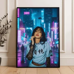 Plakat pop art z japońską gejszą Fioletowy