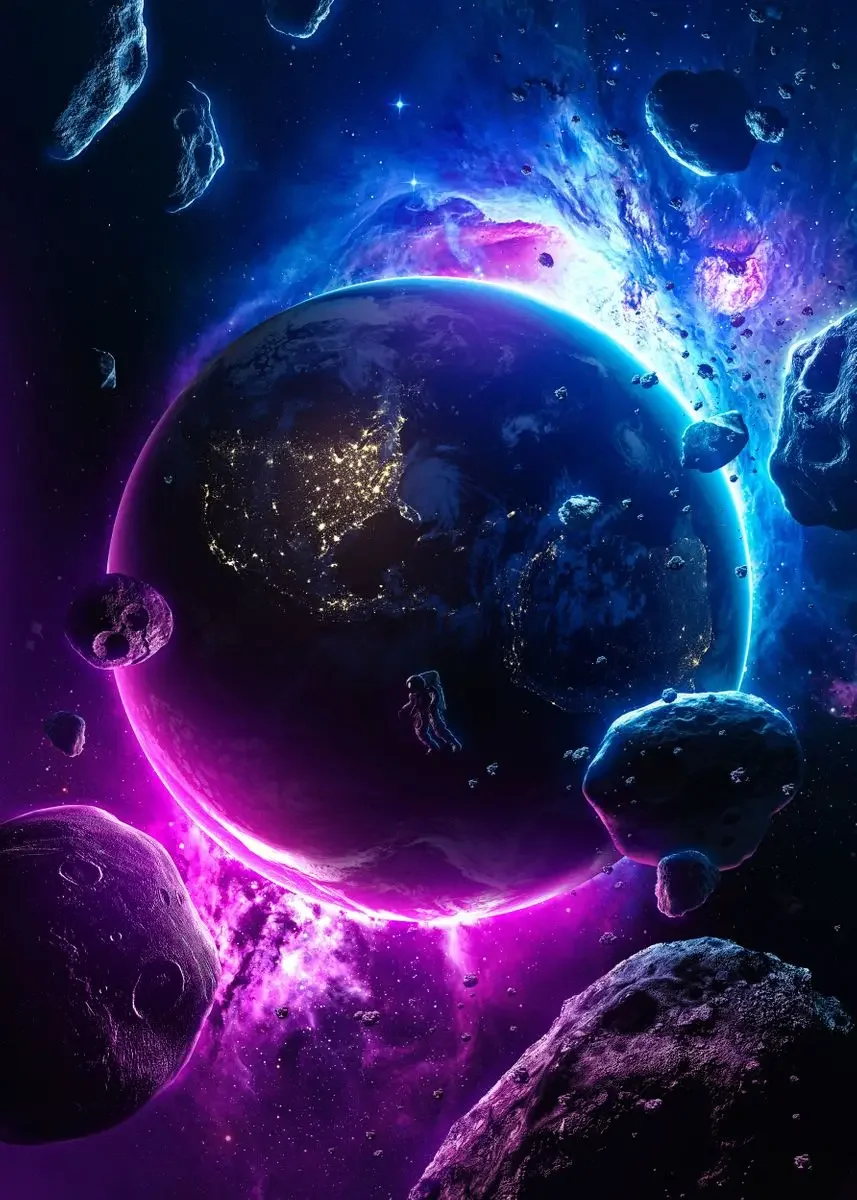 Plakat psychodeliczny - galaktyka i kosmos Brązowy