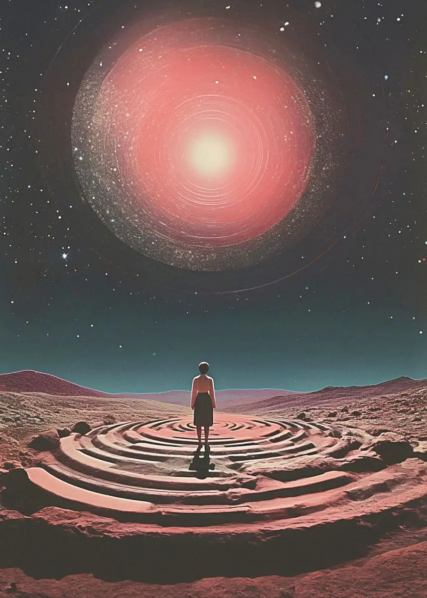 Plakat psychodeliczny UFO i kosmitka - retro sci-fi Armijna zieleń