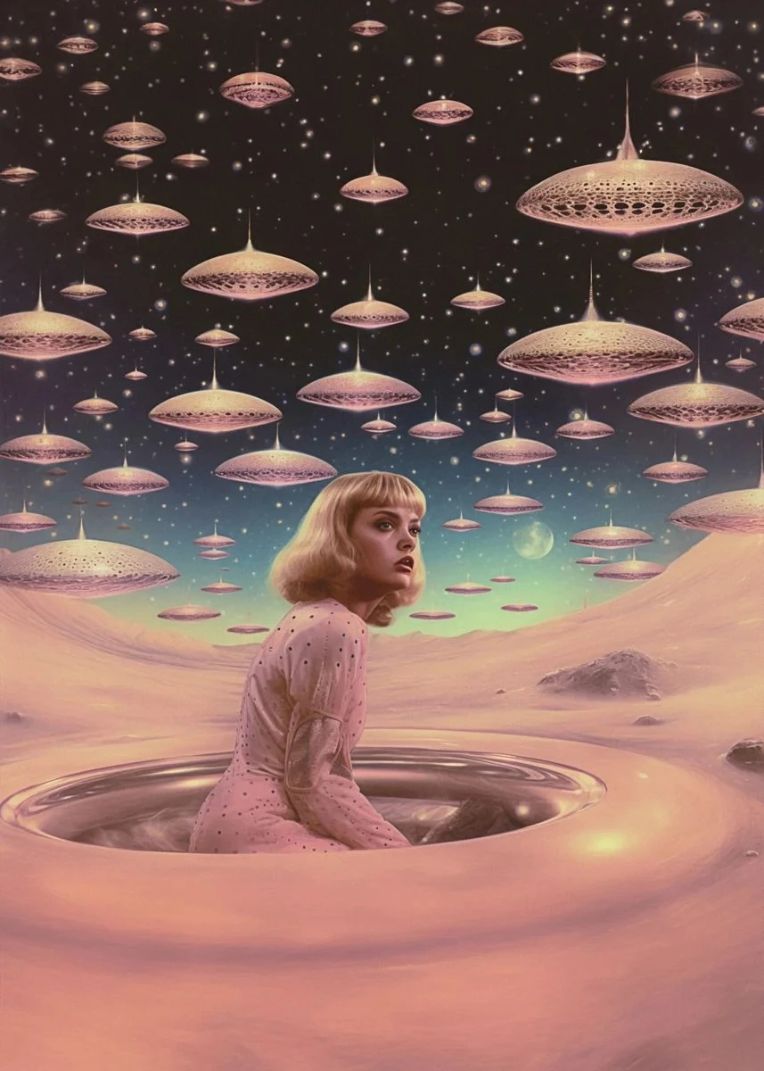 Plakat psychodeliczny UFO i kosmitka - retro sci-fi Beżowy