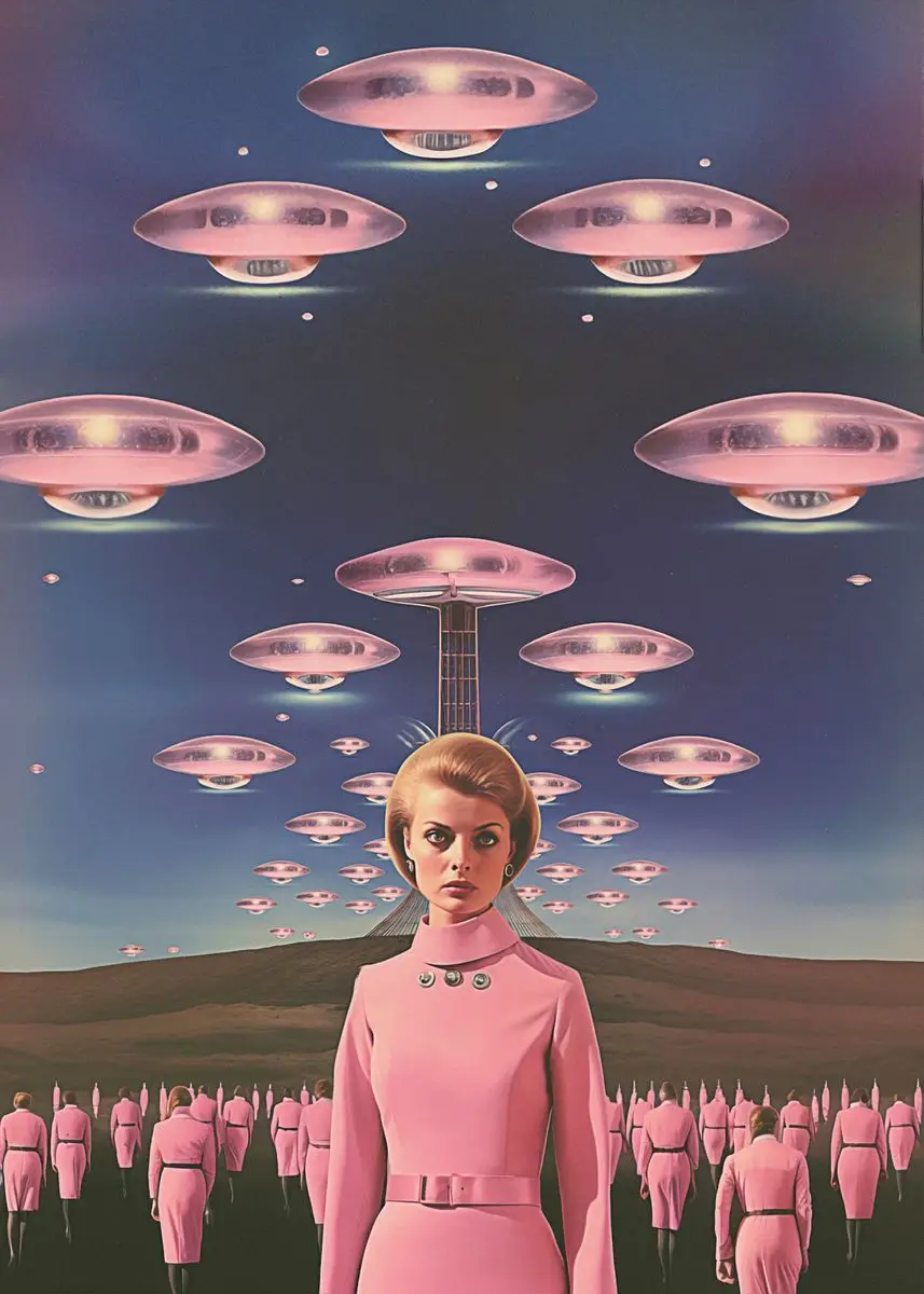 Plakat psychodeliczny UFO i kosmitka - retro sci-fi Brązowy