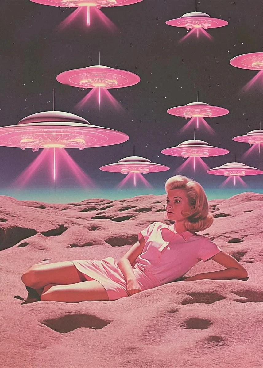 Plakat psychodeliczny UFO i kosmitka - retro sci-fi Khaki