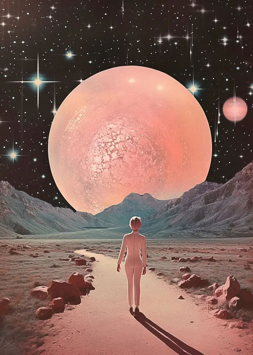 Plakat psychodeliczny UFO i kosmitka - retro sci-fi Ciemny szary