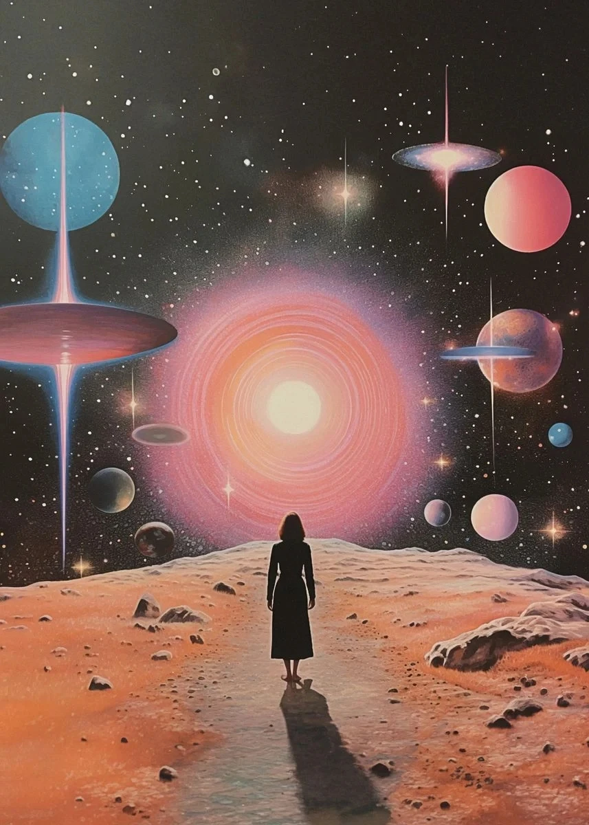 Plakat psychodeliczny UFO i kosmitka - retro sci-fi Jasny