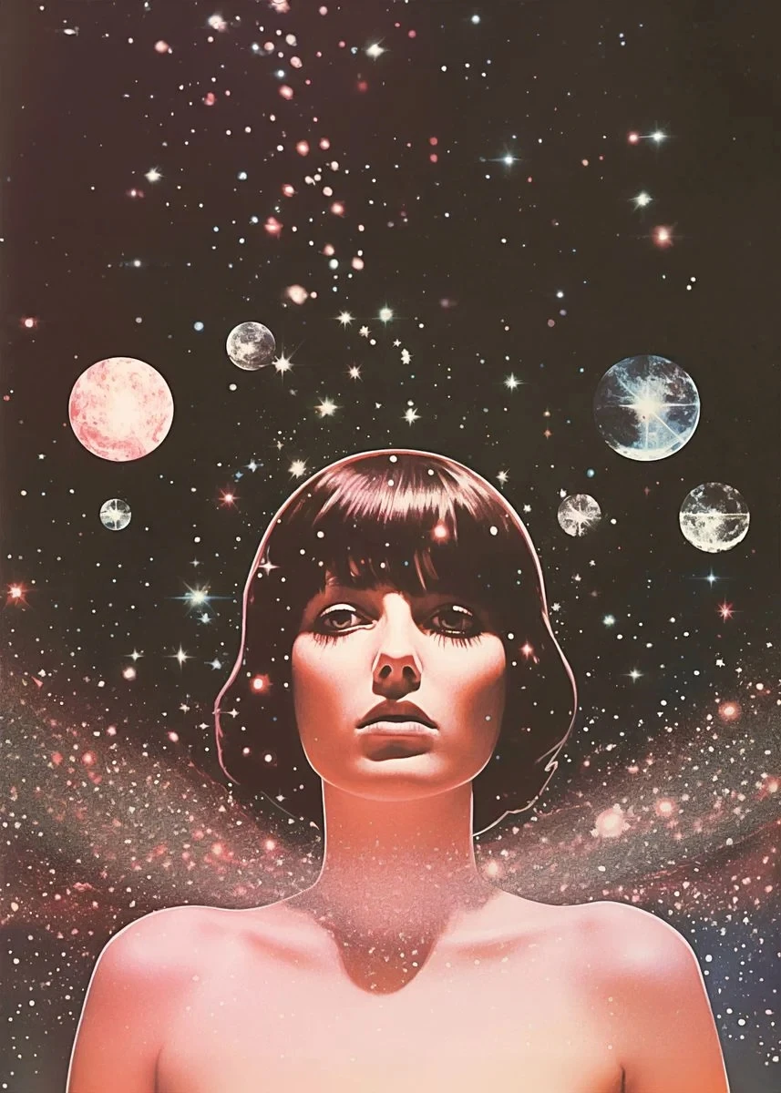 Plakat psychodeliczny UFO i kosmitka - retro sci-fi śliwka