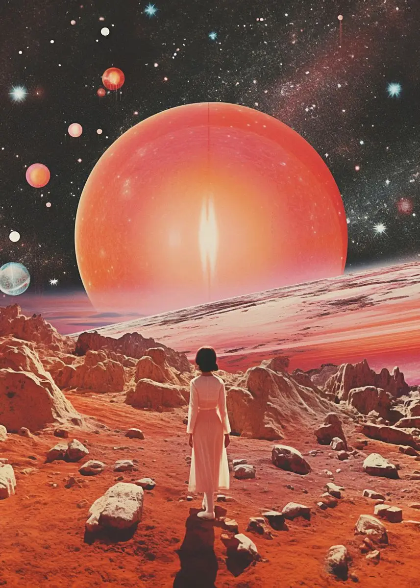Plakat psychodeliczny UFO i kosmitka - retro sci-fi Wielo