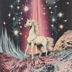 Plakat psychodeliczny UFO i kosmitka - retro sci-fi Złoto