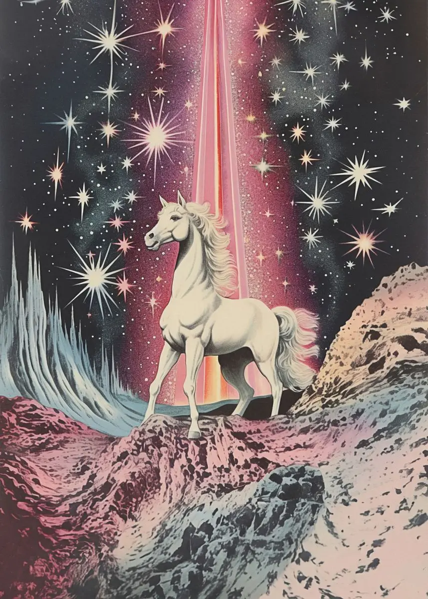 Plakat psychodeliczny UFO i kosmitka - retro sci-fi Złoto