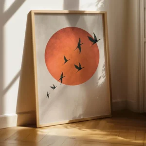 Plakat Ptaki i Słońce w Stylu Japandi Królewski niebieski