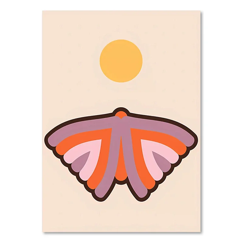 Plakat retro boho - zachód słońca, kwiaty i motyle Niebieski