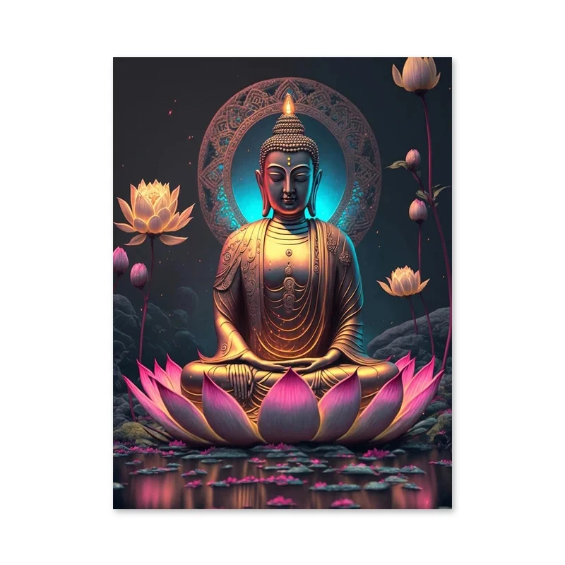 Plakat retro Budda i kwiat lotosu Biały
