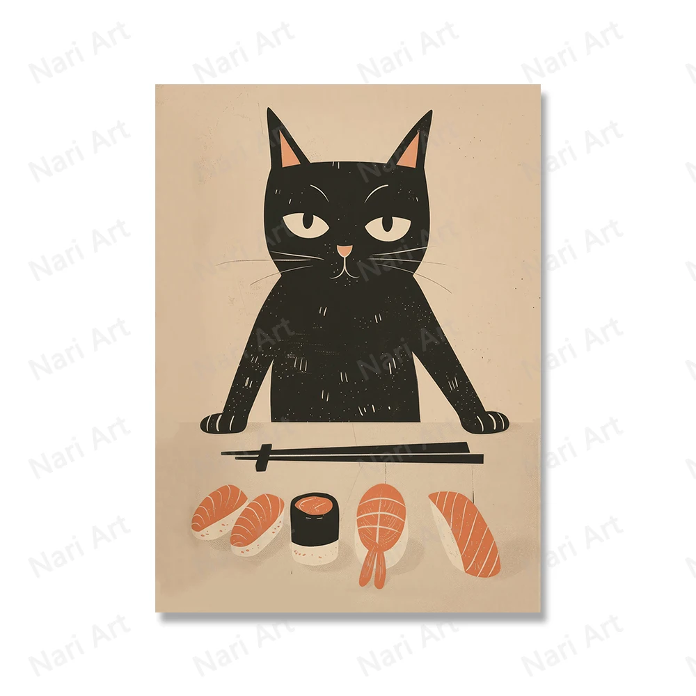 Czarny kot sushi chef - plakat retro do kuchni Czerwony