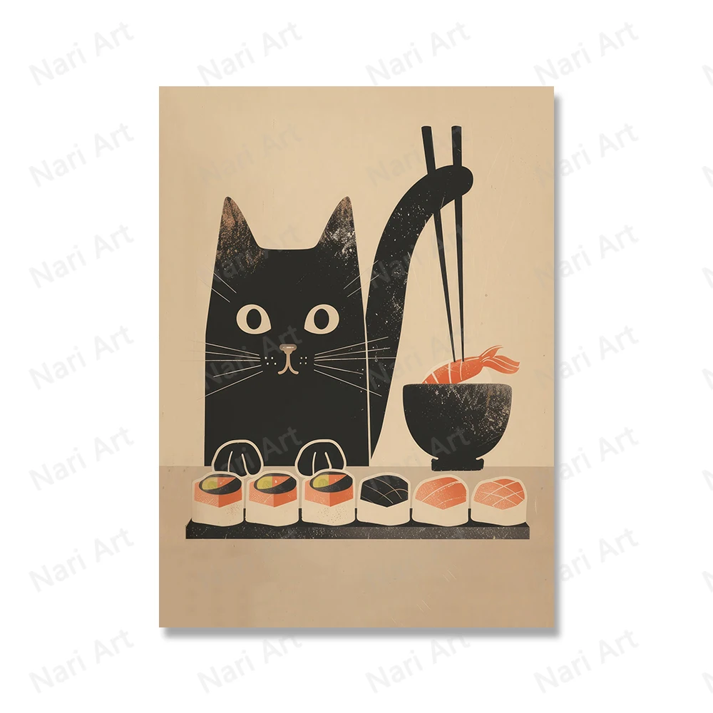 Czarny kot sushi chef - plakat retro do kuchni żółty
