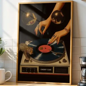 Plakat retro gramofon z leopardem Biały
