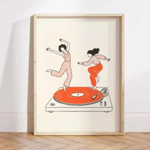 Plakat retro z gramofonem i tańczącą parą Brązowy